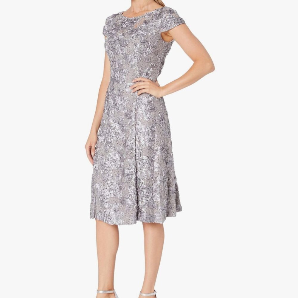 Alex Evenings A-Line Rosette Dress in Dove
